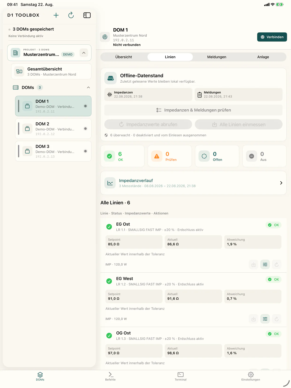 Linien- und Impedanzansicht der D1 Toolbox auf einem iPad