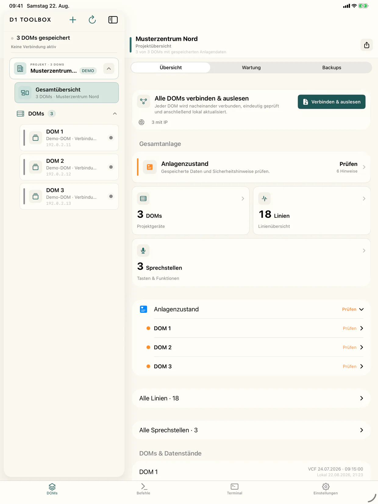 D1 Toolbox Projektübersicht auf dem iPad